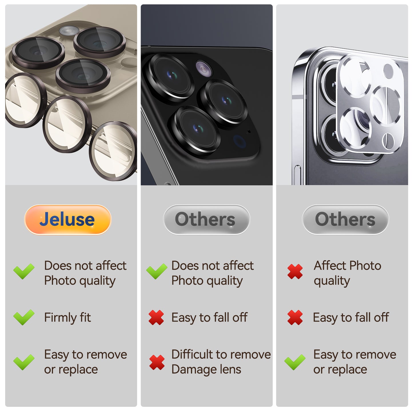Jeluse 3X2 Pack Compatible for iPhone 15 Pro Max/iPhone 15 Pro Camera Lens Protector 9H Tempered Glass Cover - Natural Titanium